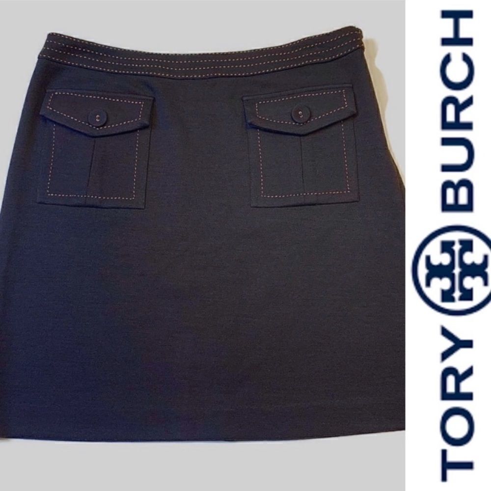 Tory Burch Annabelle Black and Tan whipstitch wool blend skirt